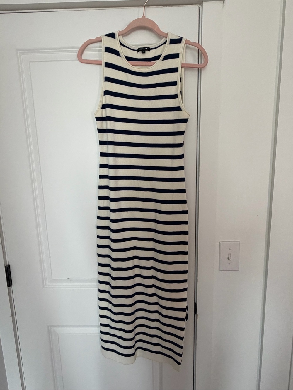 Striped Sleeveless Knit Midi Dress - navy & Cream